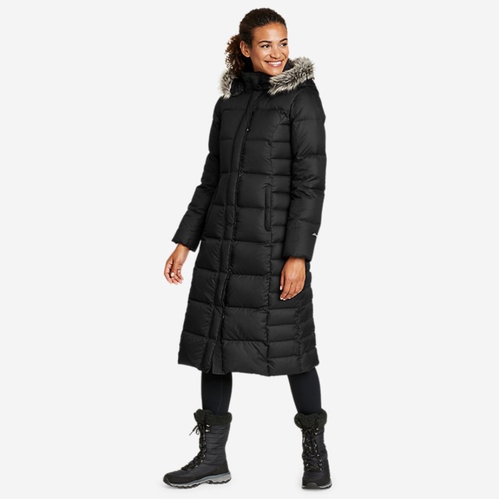 Black Eddie Bauer down feather, mid calf winter coat. Size XS